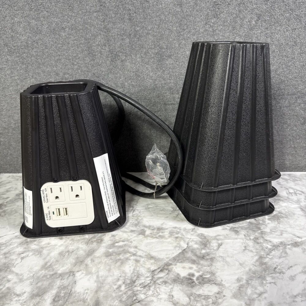 Set of 4 Intertek Black  Bed Risers with Power Outlets & USB Ports, 8", READ**
